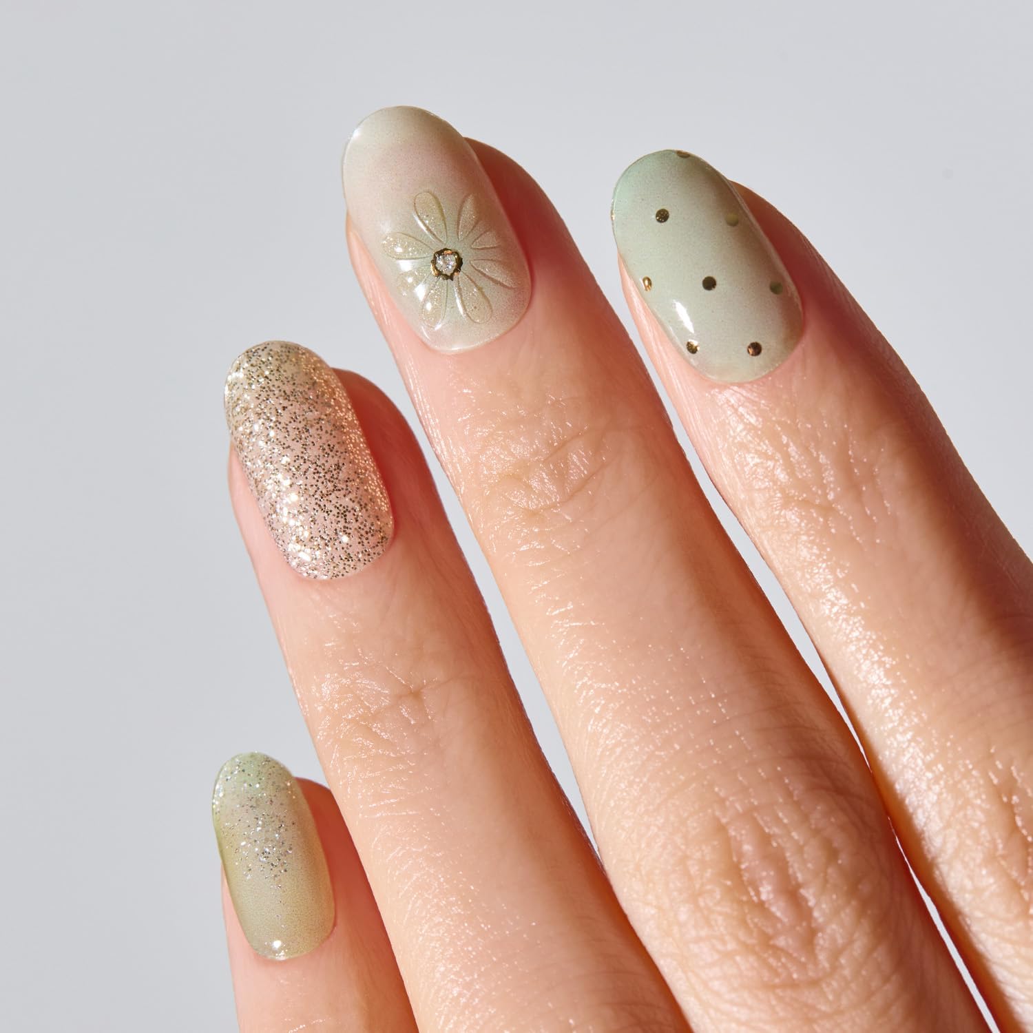 ohora Semi Cured Gel Nail Strips (N Puffy Bloom) - Marble, 3D, Green, Gold, Works with Any Lamps, Salon-Quality, Long Lasting, Easy to Apply & Remove - Includes 2 Prep Pads, Nail File & Wooden Stick