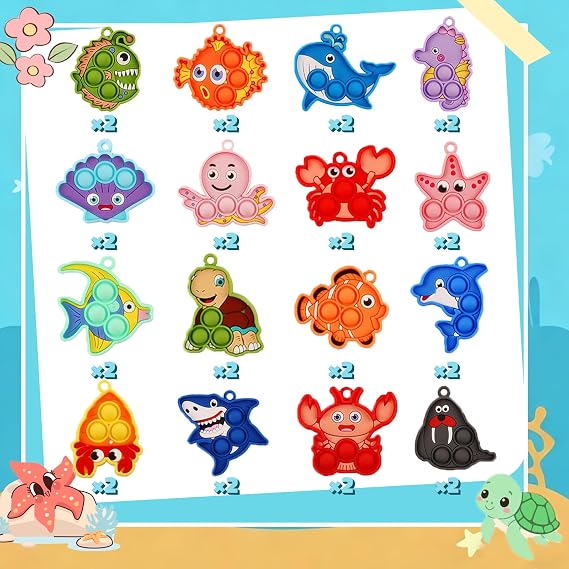 32 Packs Sea Animal Pop Fidget Toys,Mini Keychain Bulk Sensory Toys for Kids Basket Stuffers,Party Favors Carnival Birthday Gifts for Toddlers,Goodie Bags Stuffers ,Classroom Prizes,Treasure Box