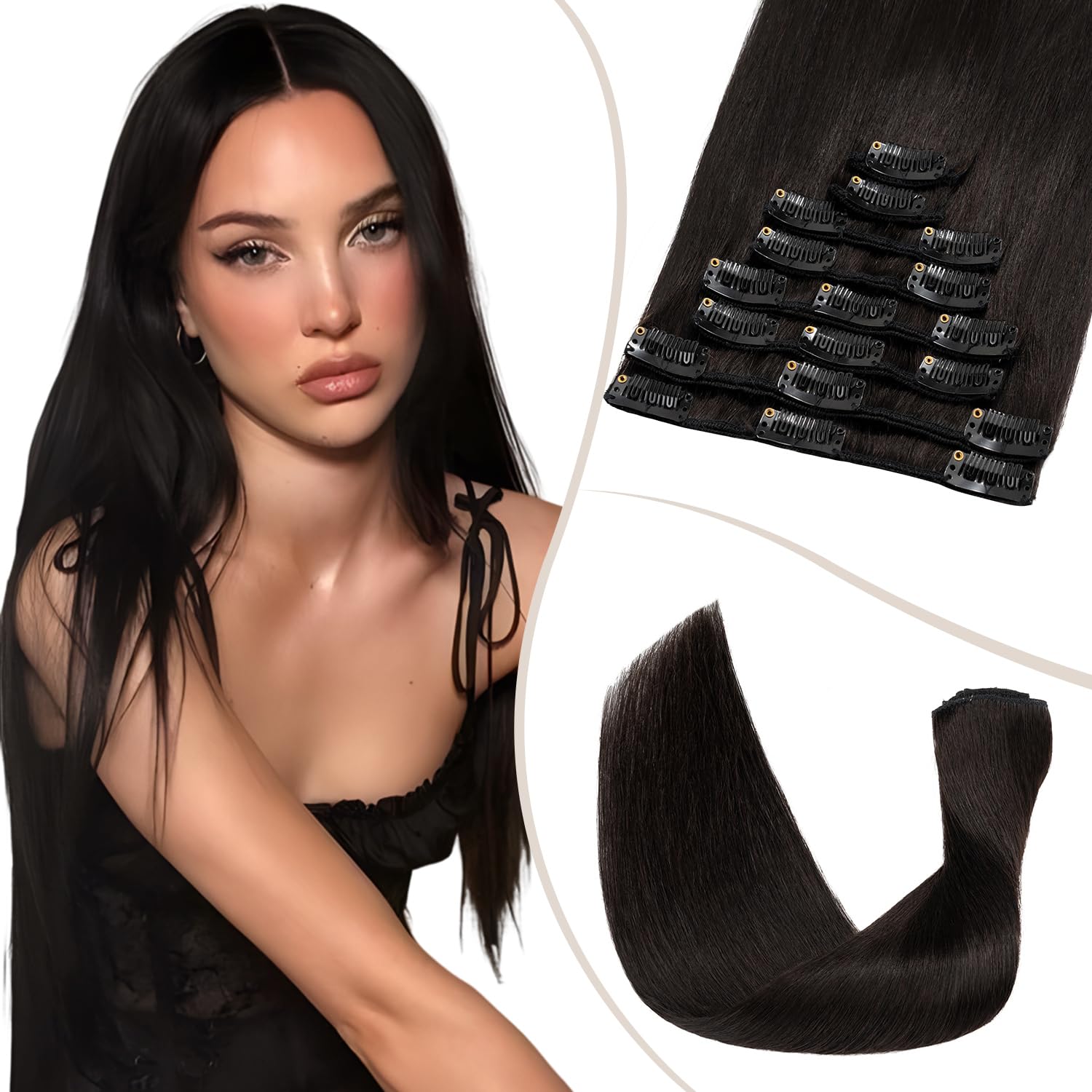 TESS Clip in Hair Extensions Real Human Hair 8 Pieces 18 Clips Natural Straight Handmade Seamless Instant Volume & Length for Women UK #1B Natural Black #18 inch 140g