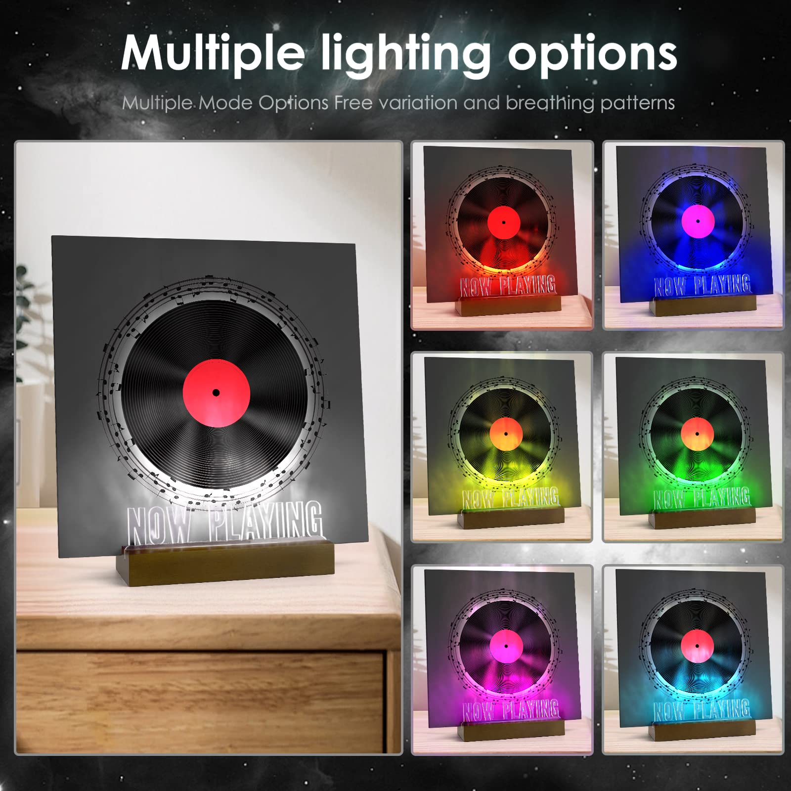 Woodoulogy Now Playing Lighting Vinyl Record Stand,Brown Acrylic Album Display Holder, LPS Storage Holder for Record, Multiple Colors LED Lights Long Play Music Collection Display