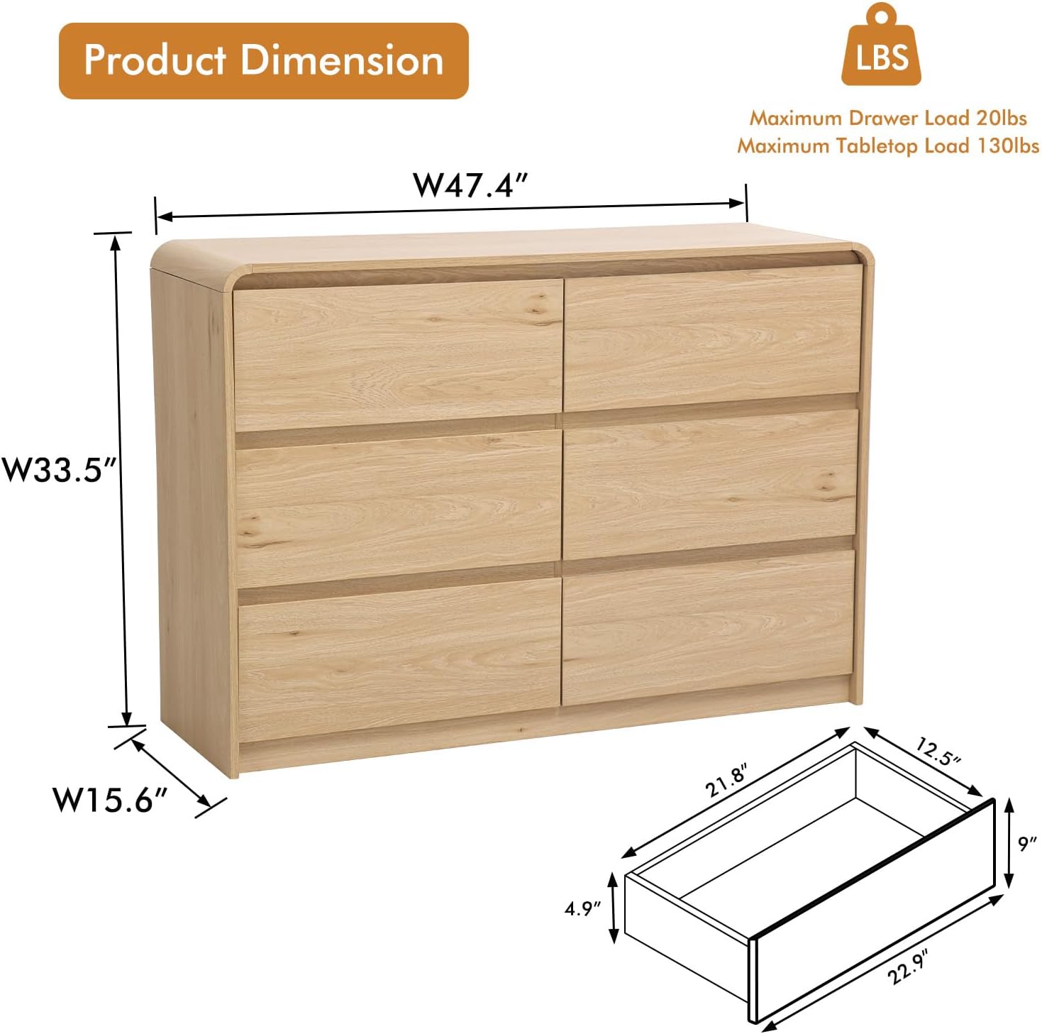 6 Drawer Dresser for Bedroom, Curved Edge Design Modern Dressers & Chest of Drawers, 47" Wide Nursery Dresser Natural Oak