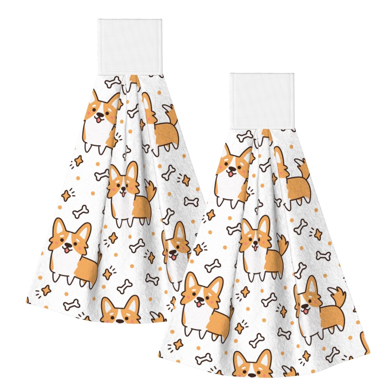 DOPKLNA Cute Corgi Dog And Bone Pattern, 2 Pcs Hanging Coral Fiber Hand Towels for Bathroom, Absorbent Kitchen Towels