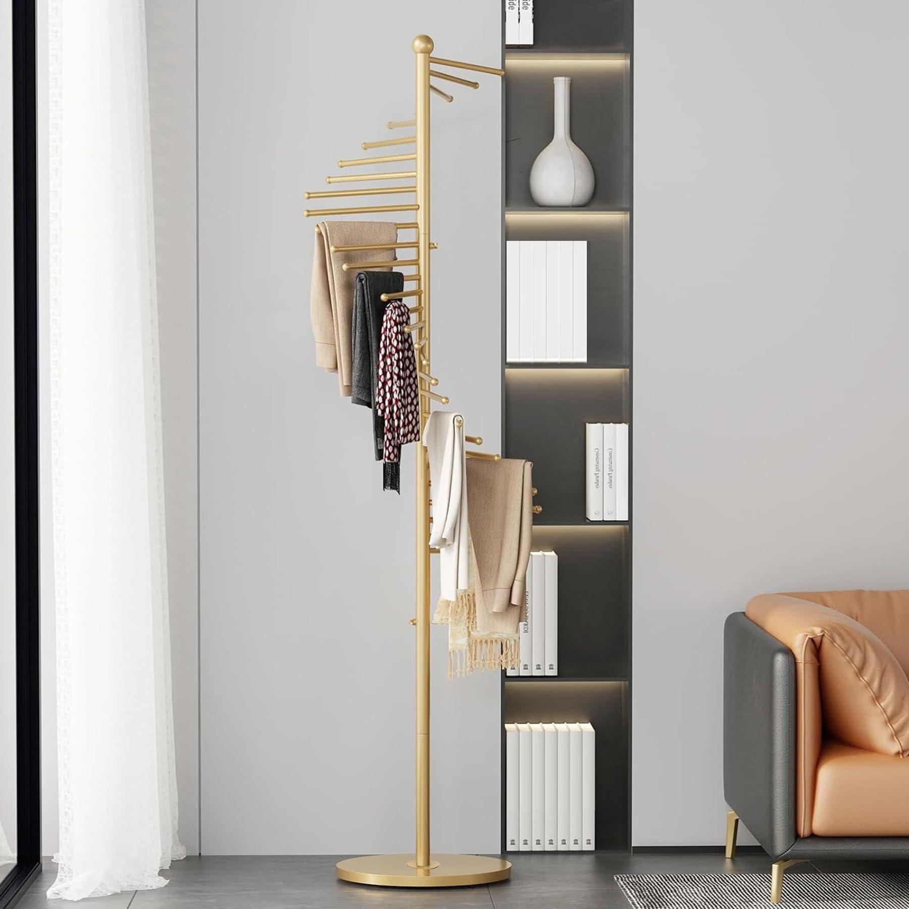 Appendiabiti in metallo, supporto per sciarpa a spirale autoportante, appendiabiti multifunzionale con 30 aste per cravatte, cintura, pantaloni, asciugamano (oro, 42 x 170 cm)