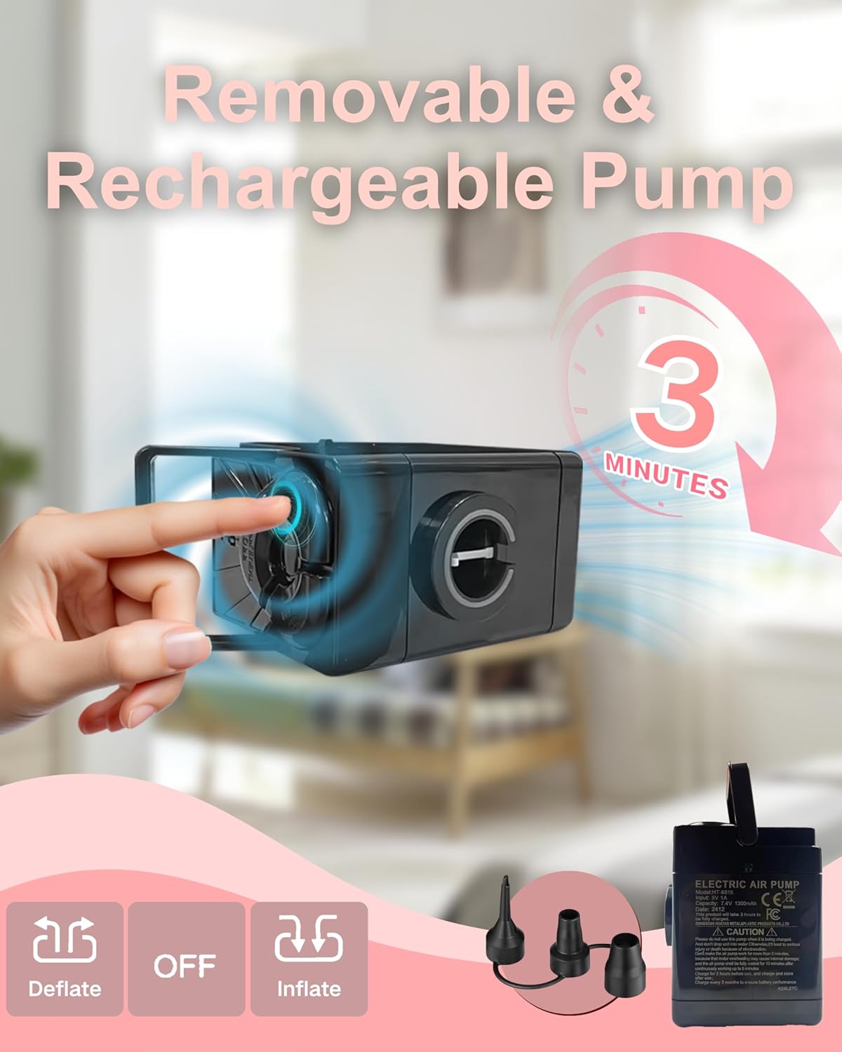 Air Mattress Queen with Built in Wireless Battery Pump, Blow Up Inflatable Mattress for Camping,Guest Air Bed, All Fabric, 21'' Pink Queen