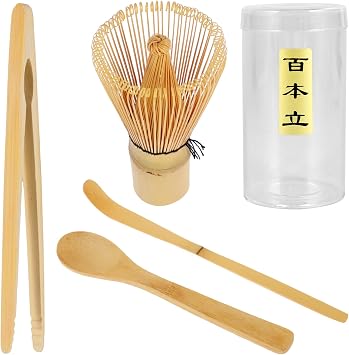5Pcs Bamboo Matcha Whisk Set Traditional Handheld Tea Set Premium Matcha Making Kit with Stirring Brush, Transparent Canister, Scoop, Rattle, Clip Accessory Kit for Tea Lovers (Wooden No Bowl)