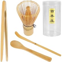 5Pcs Bamboo Matcha Whisk Set Traditional Handheld Tea Set Premium Matcha Making Kit with Stirring Brush, Transparent Canister, Scoop, Rattle, Clip Accessory Kit for Tea Lovers Wooden No Bowl