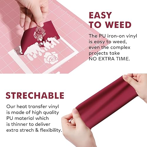 Miniatura 4 de AHIJOY Vinilo de transferencia de calor borgoña HTV vinilo de 12 pulgadas x 6 pies, vinilo rojo vino para planchar para camisetas compatibles con y