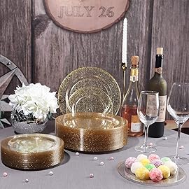 I00000 150PCS Gold Disposable Plates Silverware, Gold Glitter Dinnerware Set Include 25 Dinner Plates 10.25, 25 Dessert Plates 7.5, 25 cups 10 OZ, 25 Forks, 25 Knives, 25 Spoons for Wedding,Party