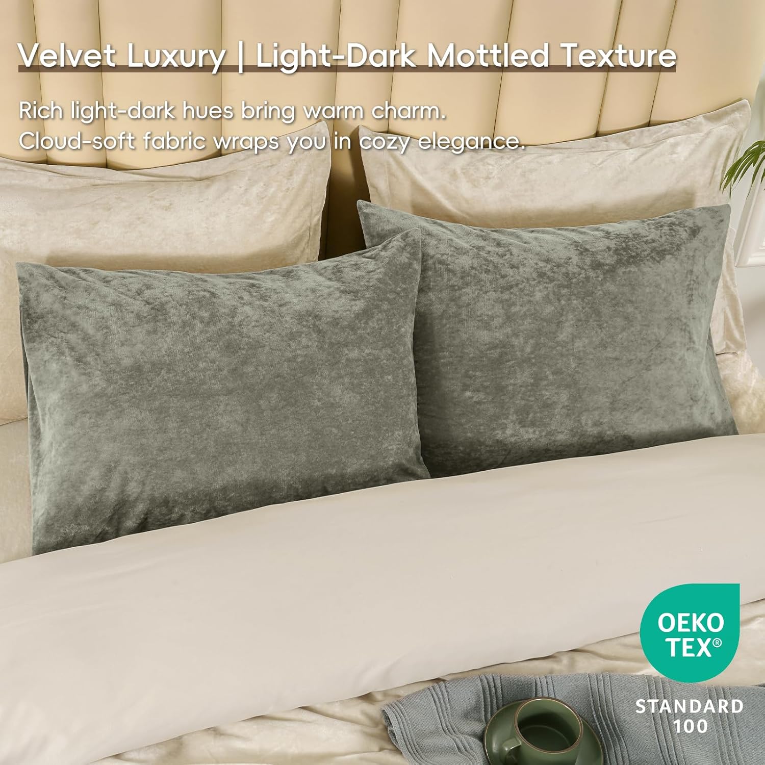 PHF Truly Velvet Pillowcases King Size, No Insert, 2 Pack Ultra Soft Breathable Pillow Shams Covers with Envelope Closure, 20" X 36" Luxury Cozy Warm Fuzzy Flannel,Vetiver