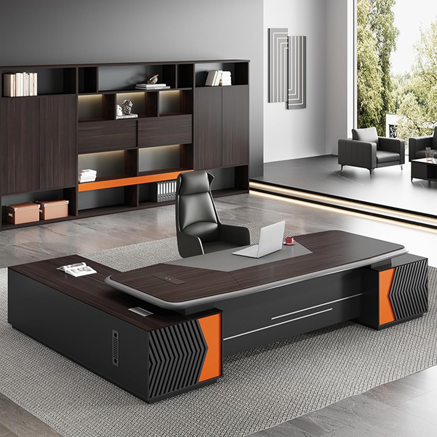 L-Shaped Brown Computer Desk, Executive Office Desk with Lateral Cabinet Gaming Study Table Business Furniture Set for CEO Boss