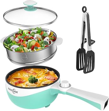 Audecook Electric Hot Pot 1.7L Mini Electric Cooker with Dual Power Portable Nonstick Ramen Cooker Electric Skillet for Noodles, Soup, Steak, Eggs, Oatmeal, Dorm Room Office Travel