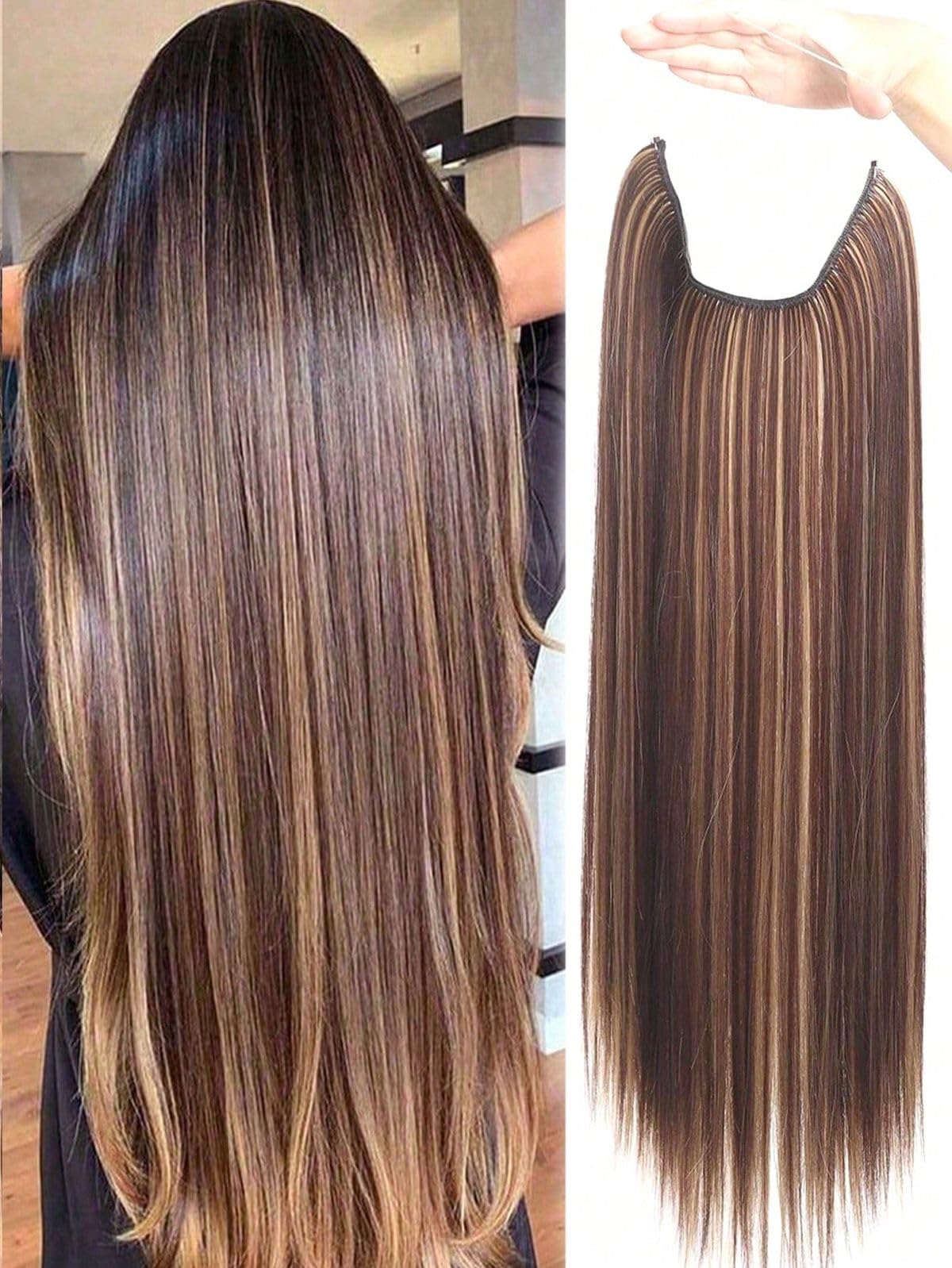 VIEWS Straight Hair Extensions Long Wavy Thick Full Head Hairpiece for Women Brown/Golden Blonde Highlights (Straight Hair Extension, 24"inch)-image-24