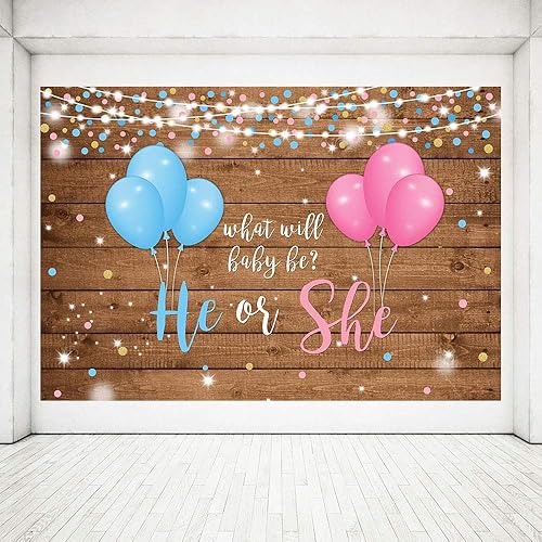 Miniatura 6 de MEHOFOTO Telón de fondo de madera rústica para revelación de género, accesorios de fotografía de estudio de madera, globos azules o rosados, luces