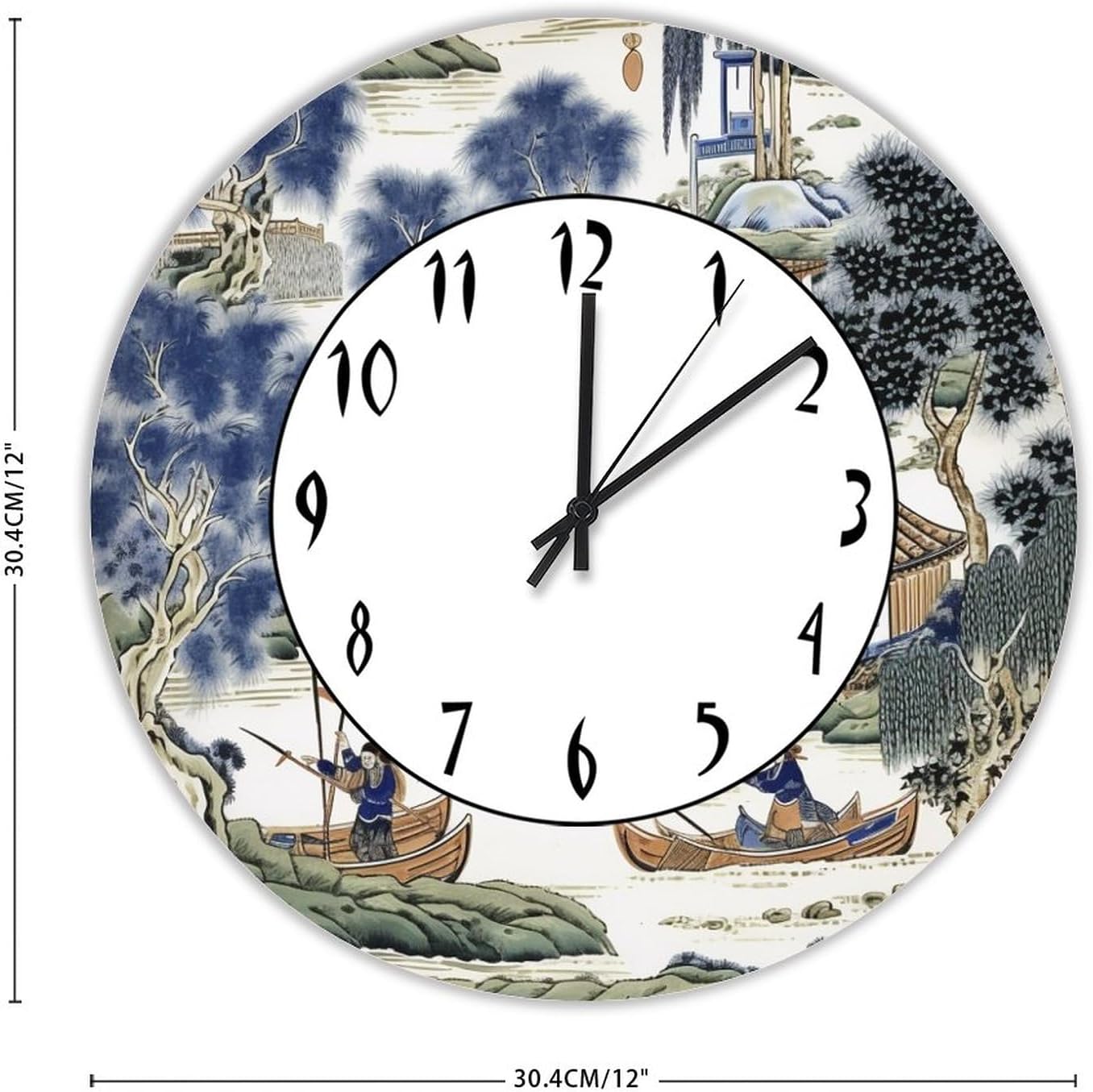 Funny Decorative Wooden Wall Clock 12 Inch,Blue And Green Chinoiserie Pine Tree Chinese Pavilion Silent Non-Ticking Battery Operated Wood Hanging Clock for Home Decor Wall Art Housewarming Gifts