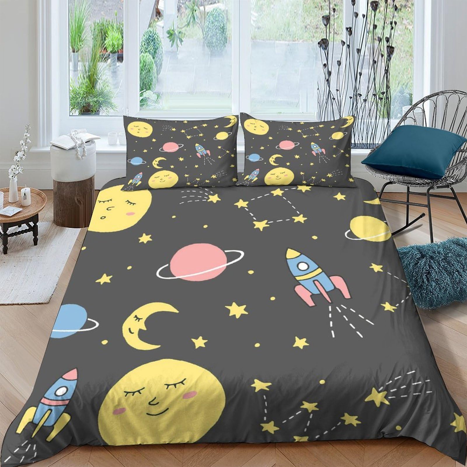 Ctjqhvkz Style-10 3D Printed Space Rocket Fitted Sheet Microfiber Soft Breathable Moon Star Mattress Cover Bedroom Dorm Decor Single（135X200cm）