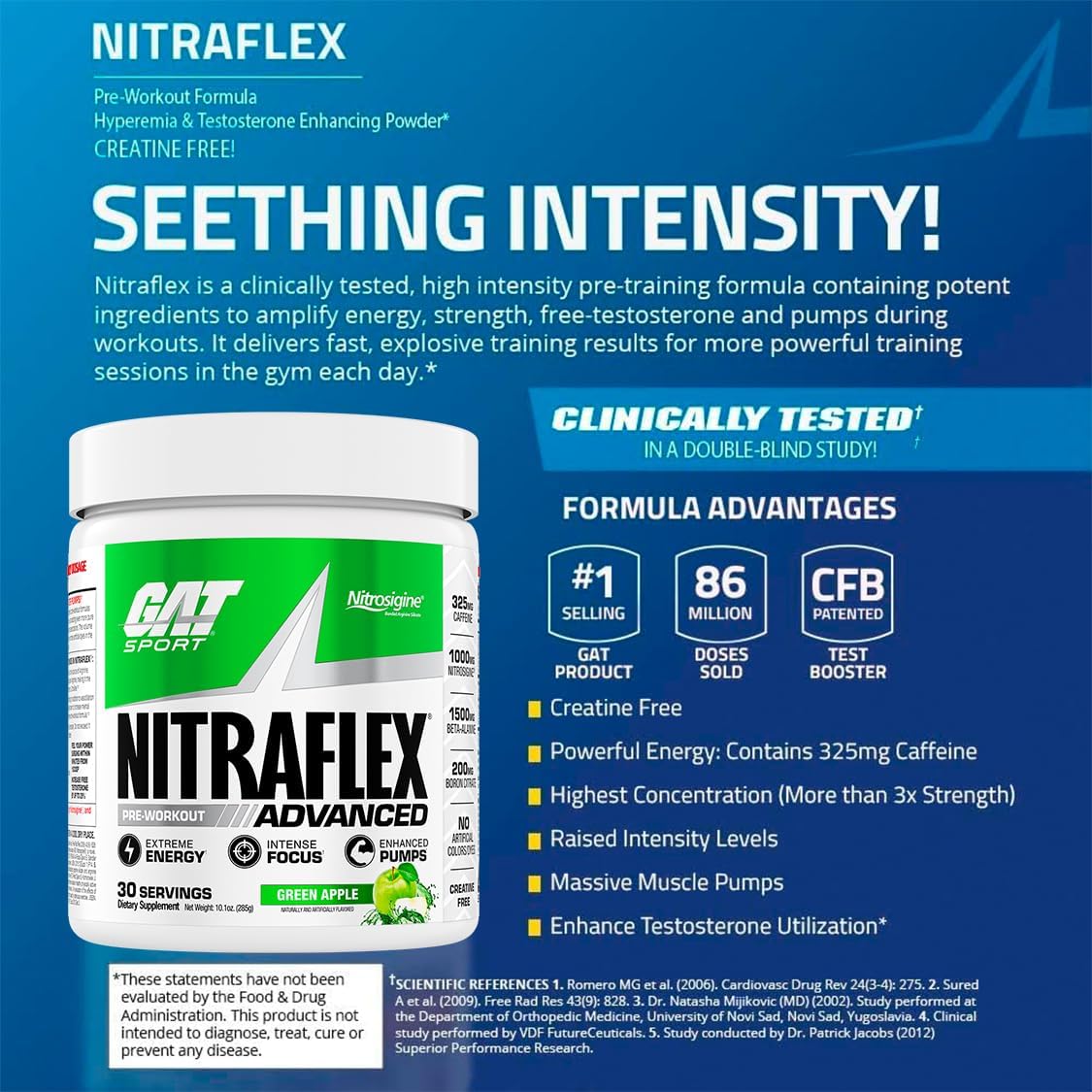 GAT SPORT Nitraflex Advanced Pre-Workout Powder, Increases Blood Flow, Boosts Strength and Energy, Improves Exercise Performance, Creatine-Free (Green Apple, 30 Servings) - Image 4