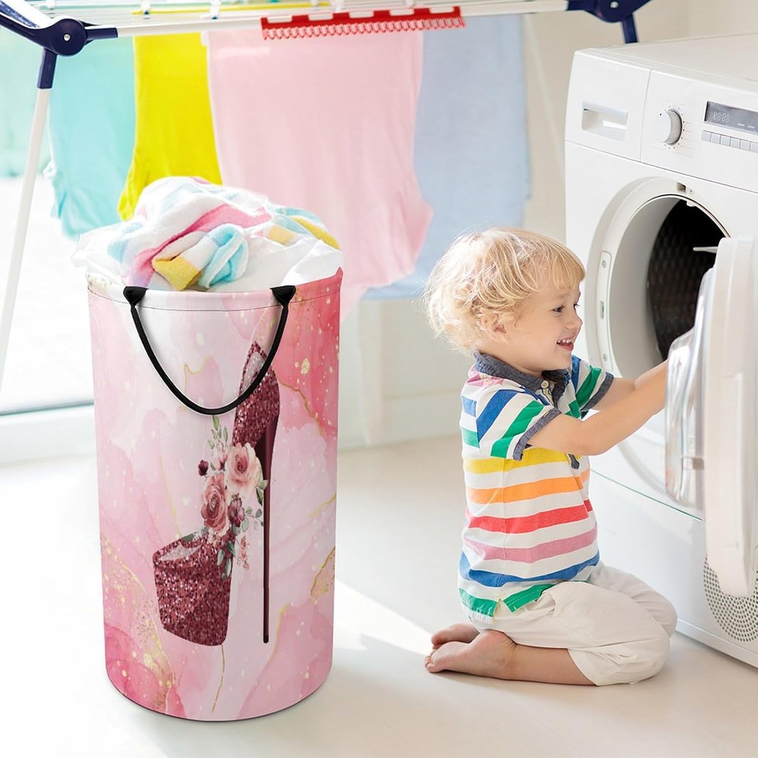 Abstraction High Heels Laundry Basket Large Volume,Pink Color Marble Flower High Heel Shoe Print Dirty Clothes Basket Hampers Storage for Dorm And Family 15.7W" X27.2H"