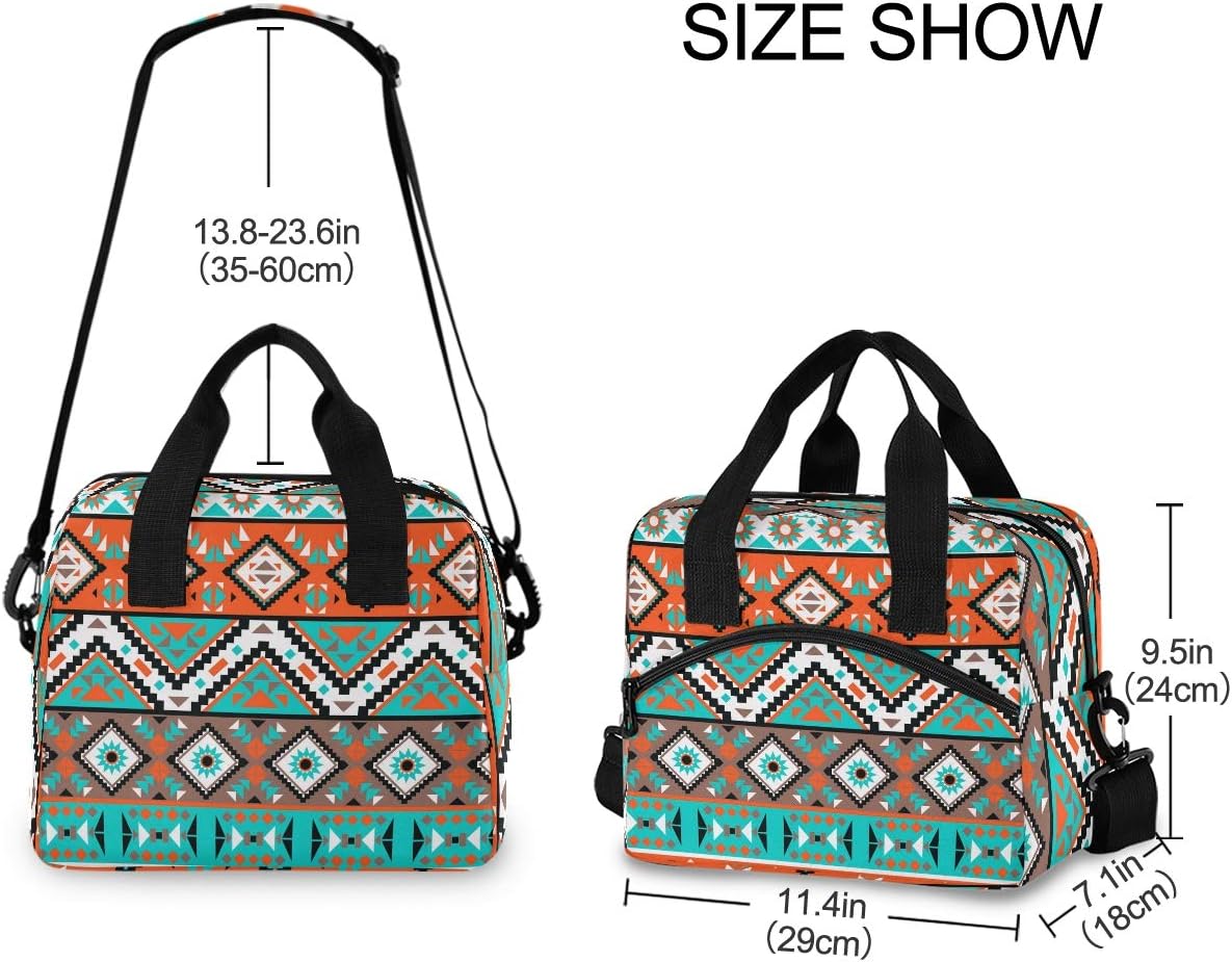 Moudou Aztec Geometric Lunch Bag Reusable Insulated Cooler Lunch Tote Bag with Adjustable Shoulder Strap for Office Work School Picnic Travel