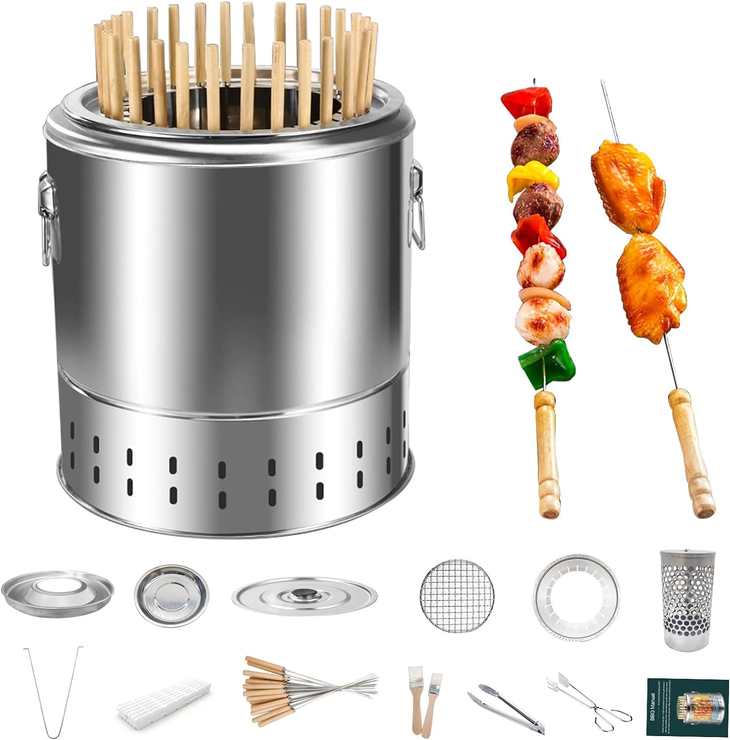 Przenośny grill wędzarniczy, konstrukcja beczki ze stali nierdzewnej, palenie 360°, bezdymny grill na kemping na świeżym powietrzu