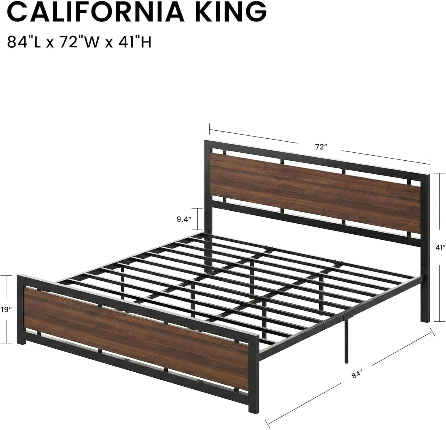 LIKIMIO California King Bed Frame with Headboard and Footboard, Metal Strong Supports, Easy Assembly, Noise-Free, No Box Spring Needed, Dark Walnut