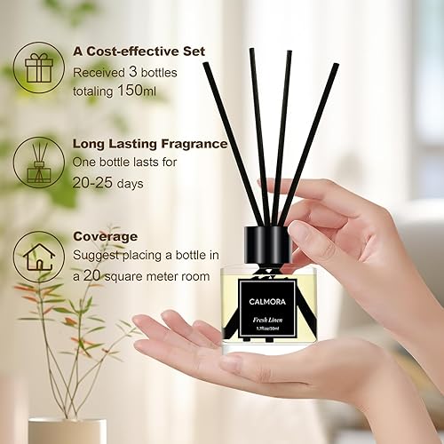 Miniatura 6 de CALMORA Juego de 3 difusores de varillas de 1.7 onzas líquidas, difusor de aceite perfumado de lino frescoeucalipto y mentaocéano con 15 varillas,