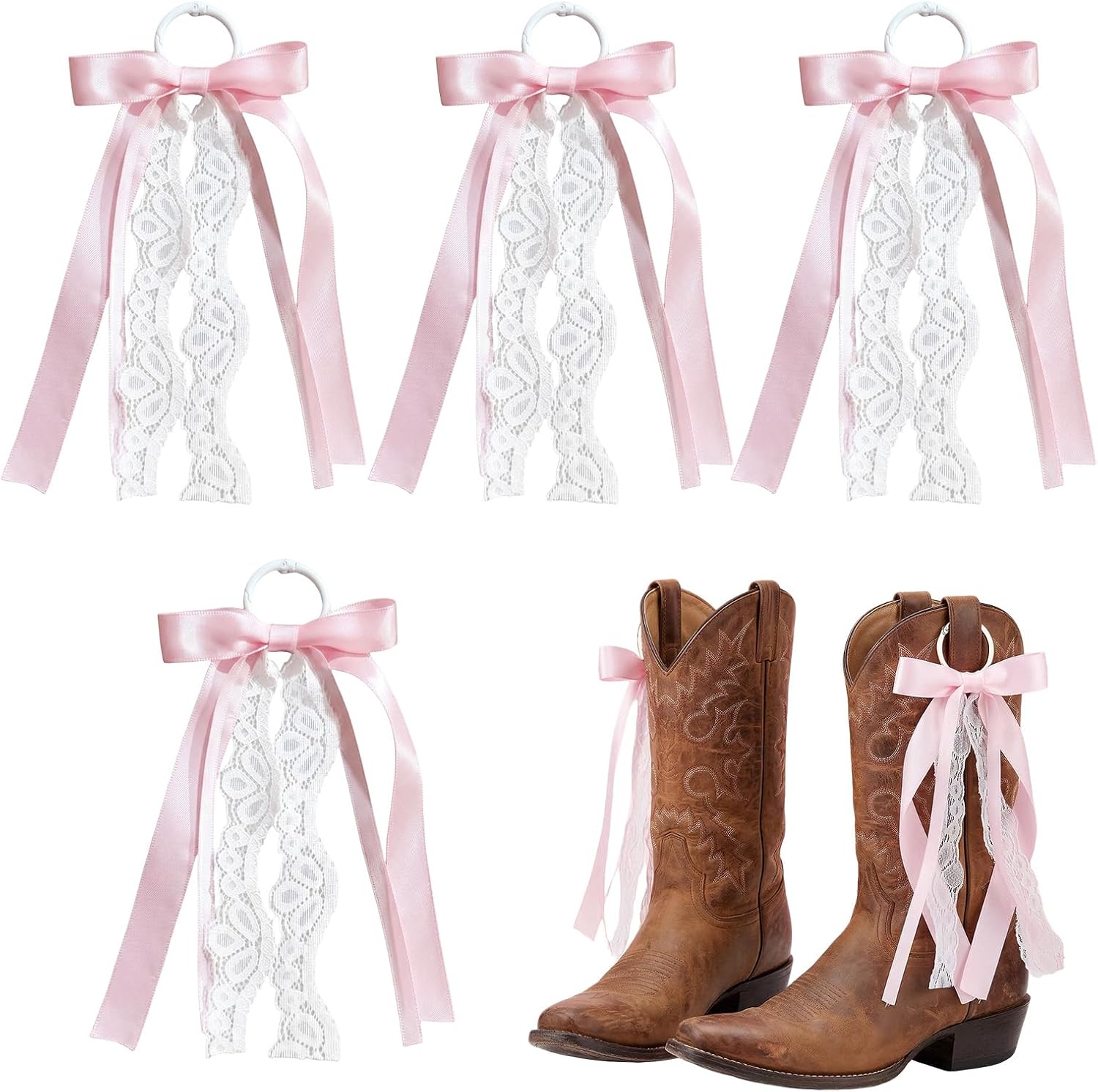 4 Pcs Pink Ribbon Boot Bows for Cowgirl Boots, Removable Lace Bow Clip Shoe Accessories for Women DIY Party Decor