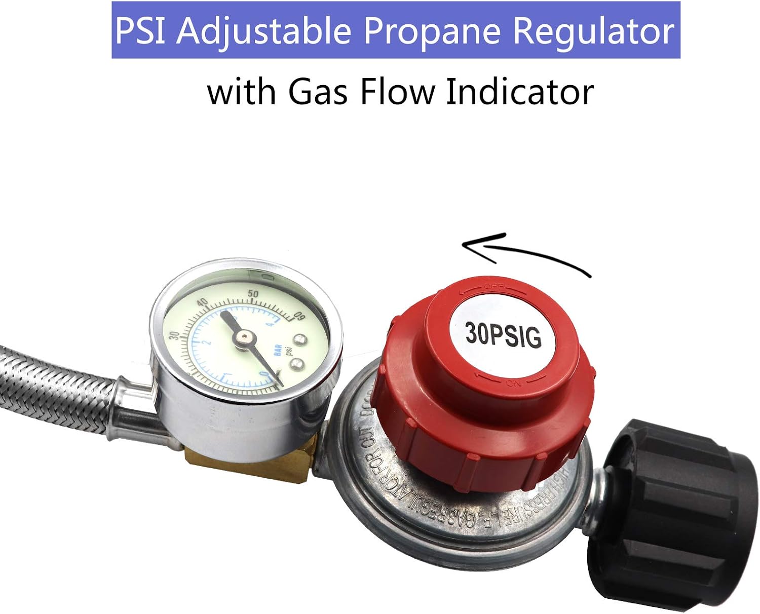 5Ft Adjustable Propane Regulator Hose Braided Steel 0~30 PSI Gas Flow Indicator for Fire Pit, Turkey Fryer, Burner, Cooker, Grill, Firepit etc-CSA Certification, QCC1 x 3/8 Female Flare Connection