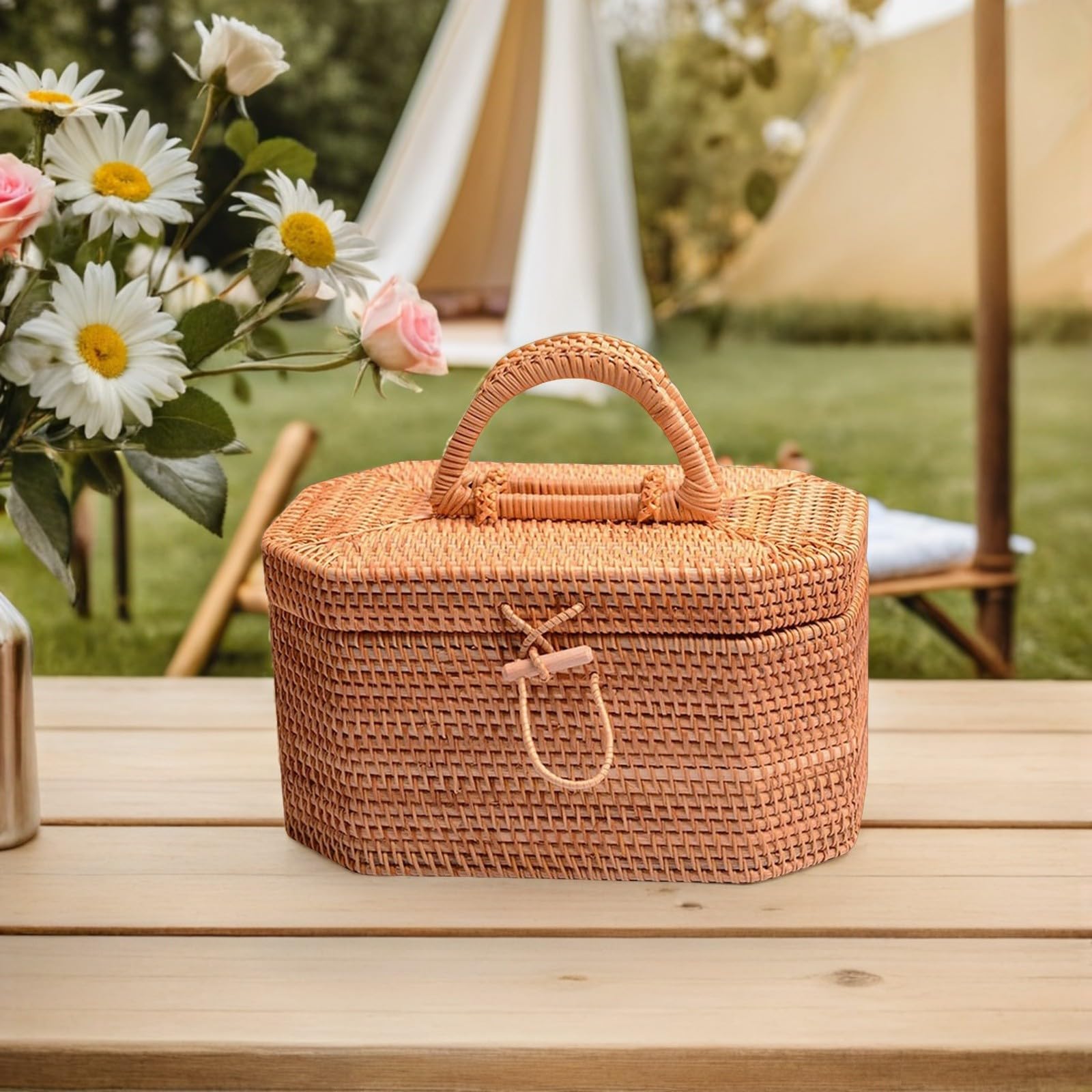 Cesto Intrecciato Portatile Coperchio in Legno, Colore Kaki