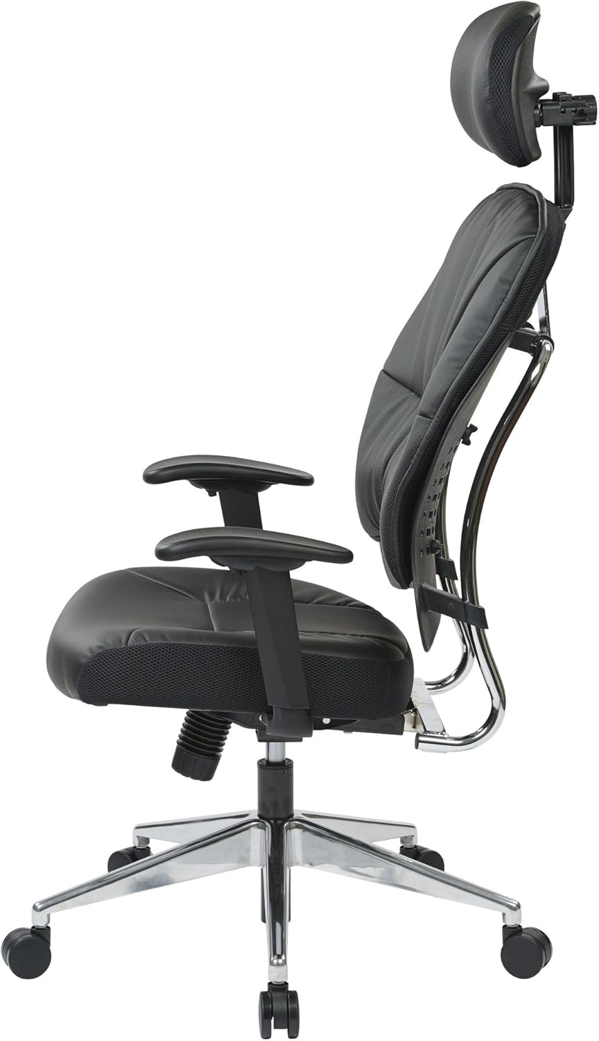 Space Seating Eco Leather Seat and Back, Adjustable Arms and Polished Aluminum Finish Base Executives Chair with Adjustable Headrest, Black
