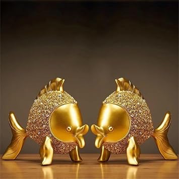 Lucky Gold Fish Figurines Bring Good Luck - Feng Shui Resin Statues for Living Room & Home Decor Gift 2pcs