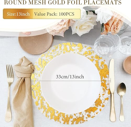 Miniatura 2 de KesaPlan Juego de 100 manteles individuales desechables dorados, 13 pulgadas, tapetes redondos metálicos para mesas, tapetes de mesa de malla