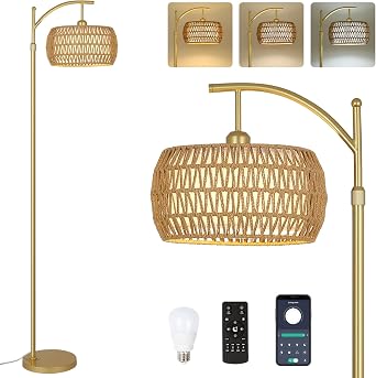 Rayofly Rattan Floor Lamp with Remote Control, Gold Floor Lamp with Dimmable LED Bulb & Foot Switch, Boho Standing Lamp with Double Shades, Modern Floor Lamp for Living Room, Tall Lamp for Bedroom [Energy Class A]
