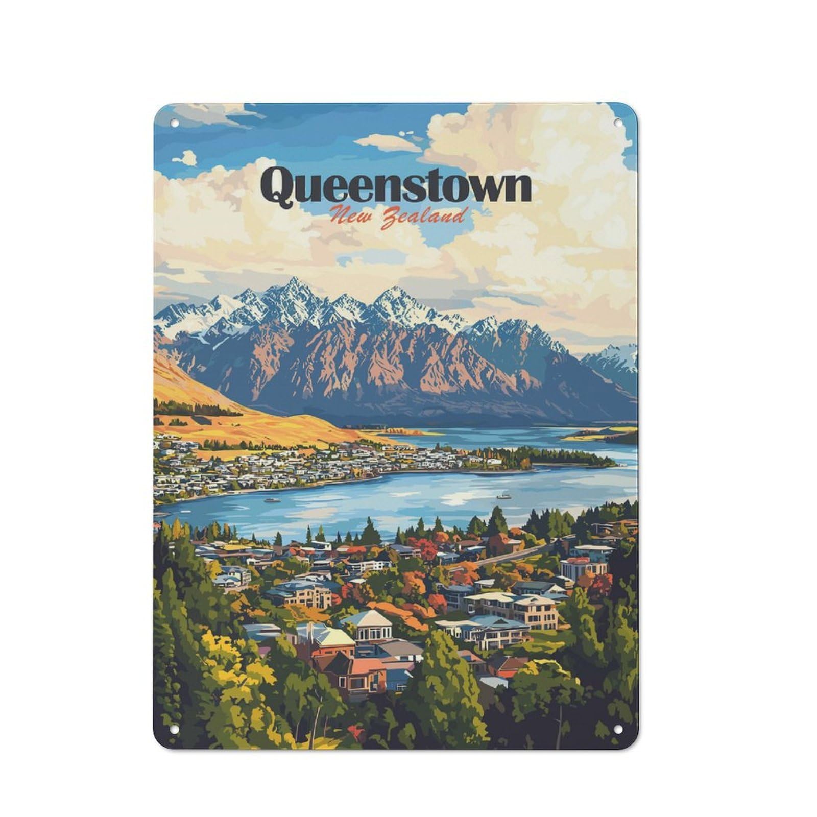 Junmoney Style-2 Queenstown New Zealand Scenic Landscape Art Decorative Metal Wall Decor 40X30cm, Metal Gift Sign For Hallway, Home Bar, Garage Or Study