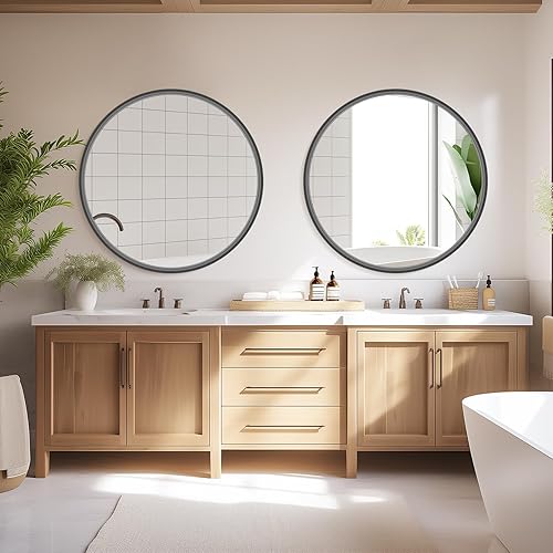 Miniatura 3 de HOMECOOKIN Espejo redondo de madera, espejo redondo de pared de baño de 31 pulgadas, espejos circulares para decoración de pared, tocador, sala de