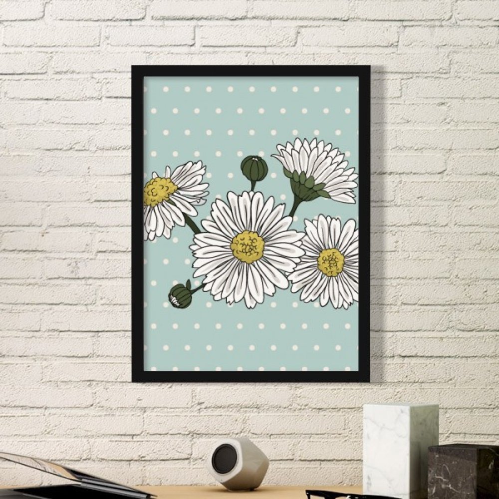 Cadre photo rectangle en bois noir avec peinture de chrysanthème blanc pour décoration intérieure