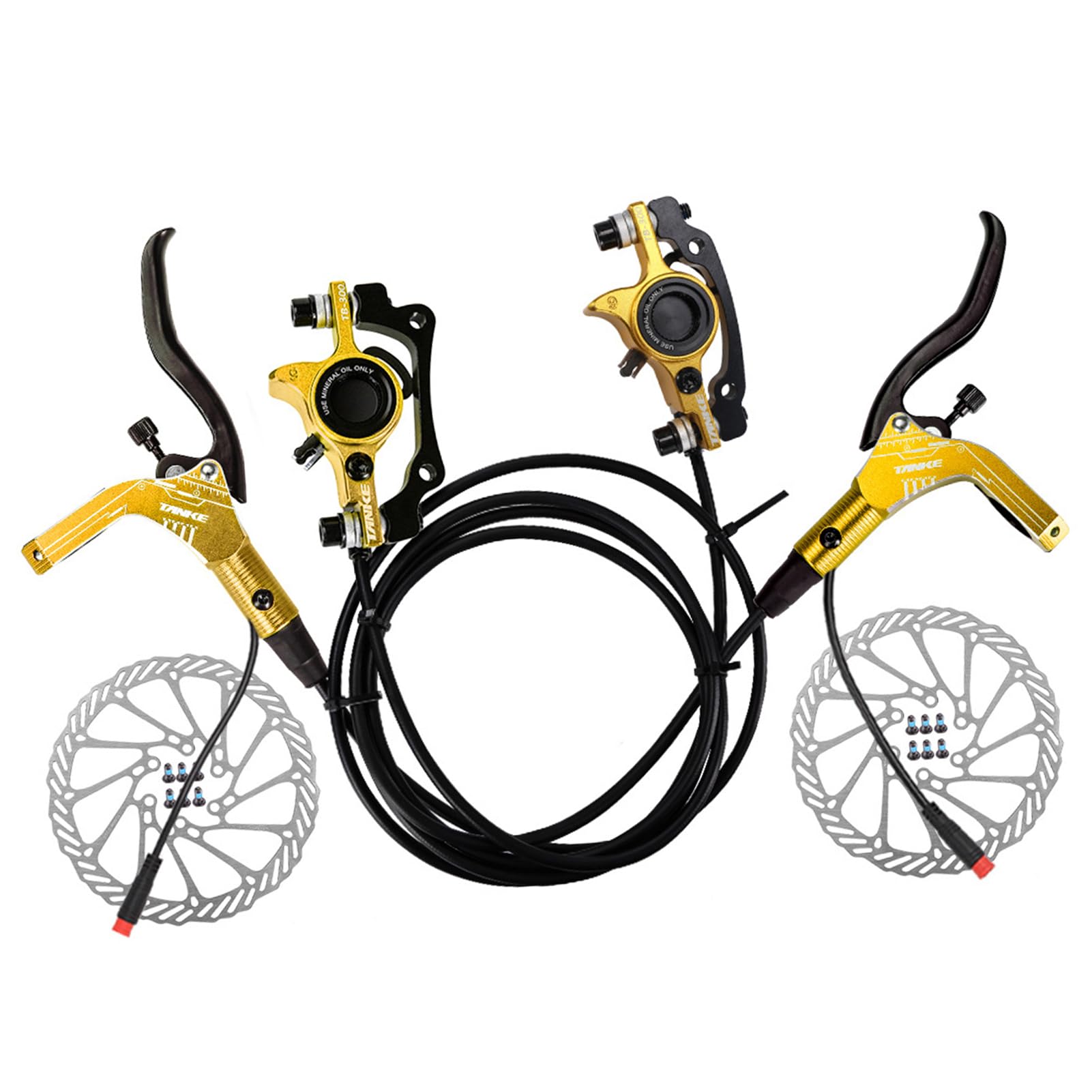 Zestawy hamulców tarczowych do rowerów Buachois, hydrauliczny zestaw hamulców do E-Bike z wirnikami 160 mm, dźwignie ciśnienia oleju 89 cm z lewej i 147 cm z prawej do elektrycznego skutera (złoto)