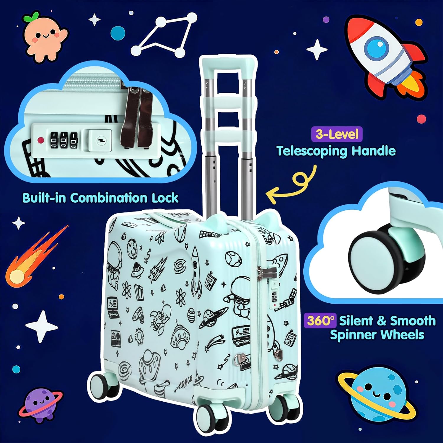 Kids Ride-On Suitcase with Cute Ears, DIY Graffiti Coloring Design, 20" Carry-On Luggage with 4 Spinner Wheels, Pull Rope & Combination Lock – Rideable Travel Case for Toddlers & Children(Green)
