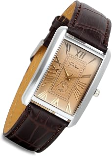 Lancardo Retro Vintage Square Quartz Watch - Silver Tone Case, Crocodile Brown Leather Strap, Men's Business Casual Dress Watch