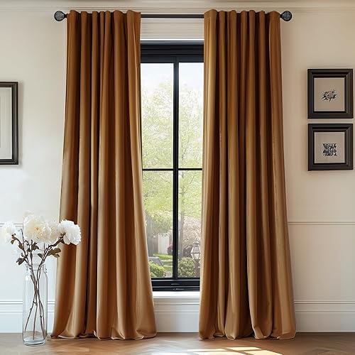 Lazzzy Velvet Curtains Brown Blackout Curtains Thermal Insulated Drapes for Bedroom Living Room Darkening 120 Inches Extra Long Window Treatments Super Soft Luxury Rod Pocket 2 Panels Gold Brown