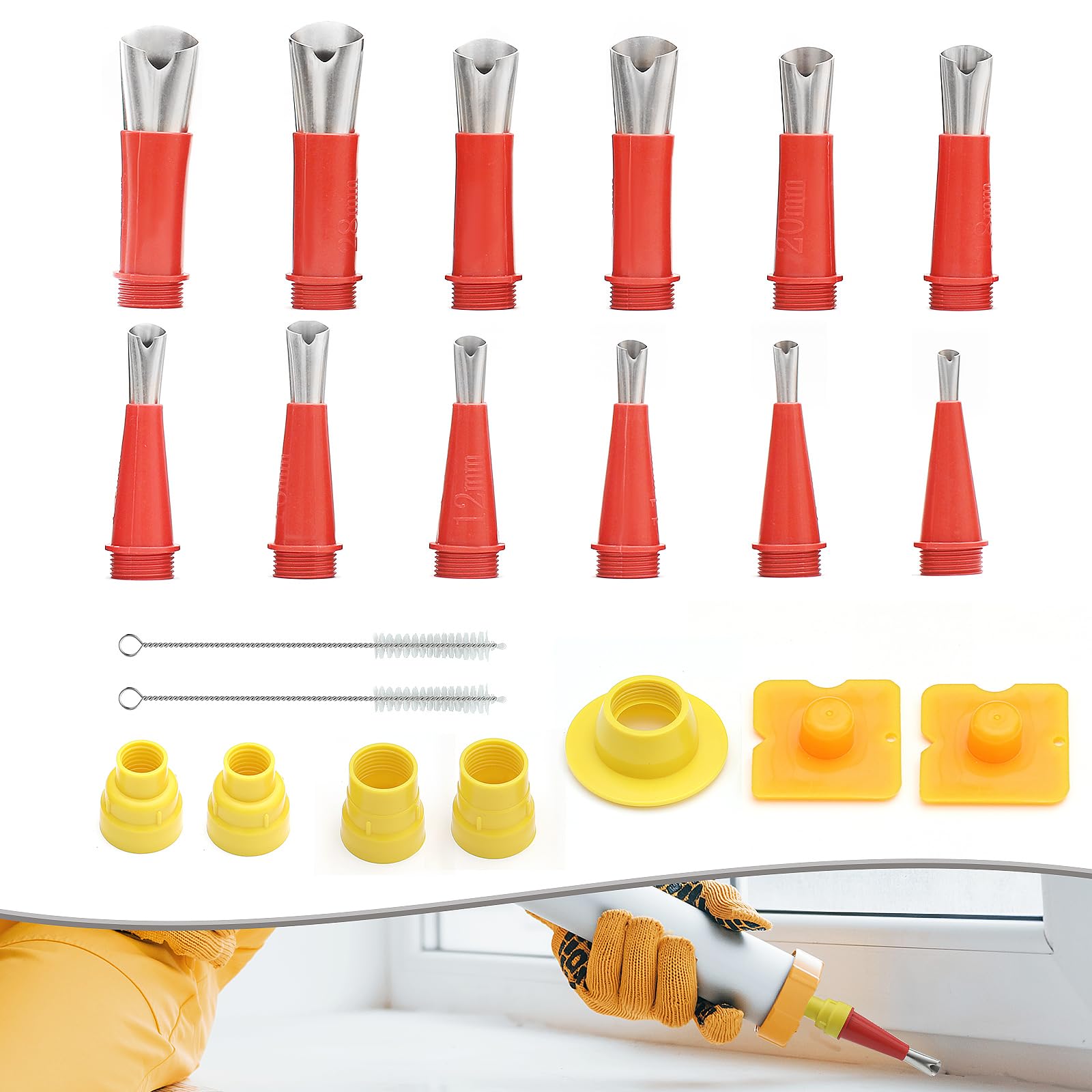 Stainless Steel Caulking Nozzle Coating, 21PCS Reusable Rubber Nozzle Tool, Easy Caulking Finisher Set with Base, Brushes, Scraper, Caulk Nozzles Applicator for Floor Corner Brick Joint
