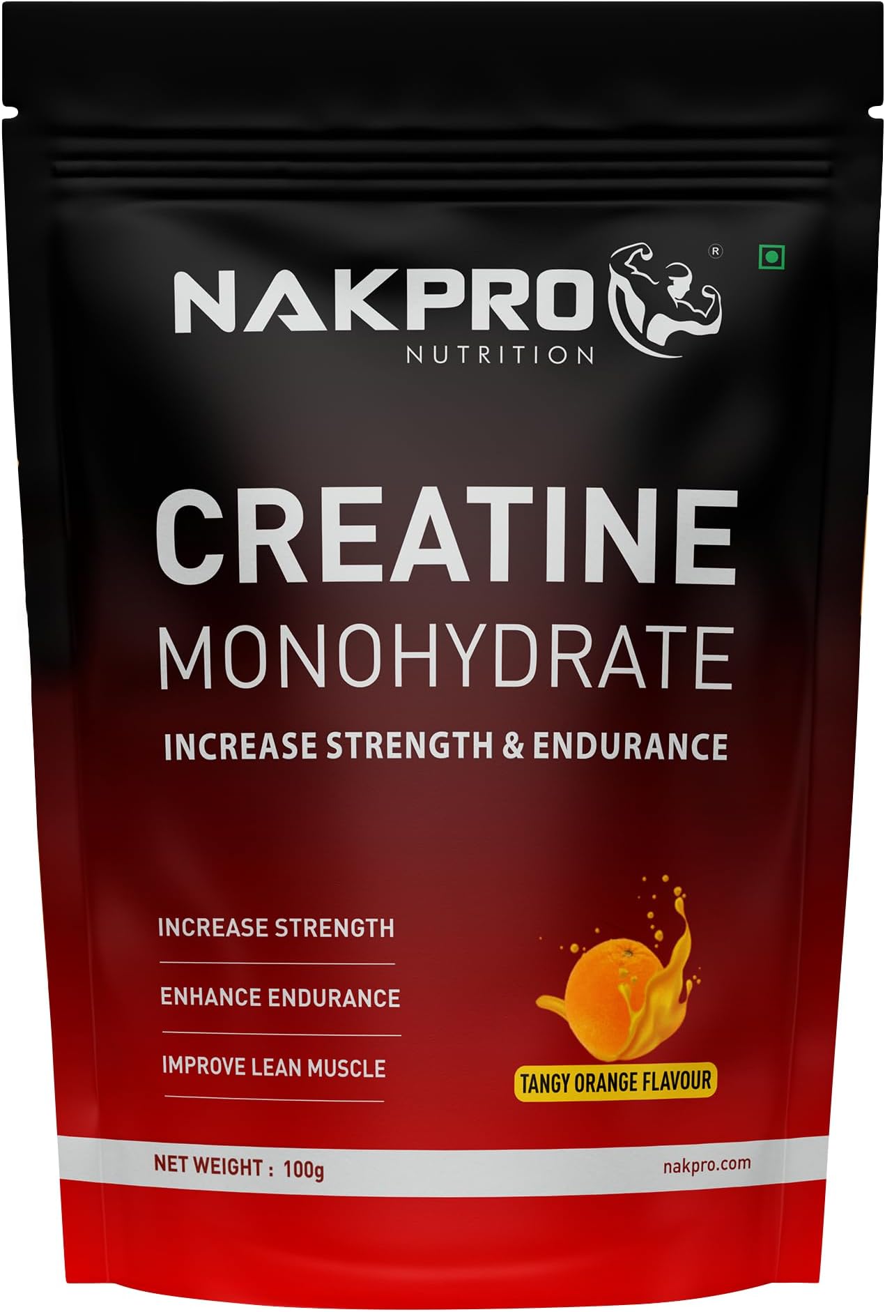 NAKPRO Micronised Creatine Monohydrate Powder (100g, Tangy Orange) | 3g Creatine/Serving | Trustified Certified for Accuracy & Purity | Rapid Absorption Pre/Post Workout Supplement for Muscle Repair