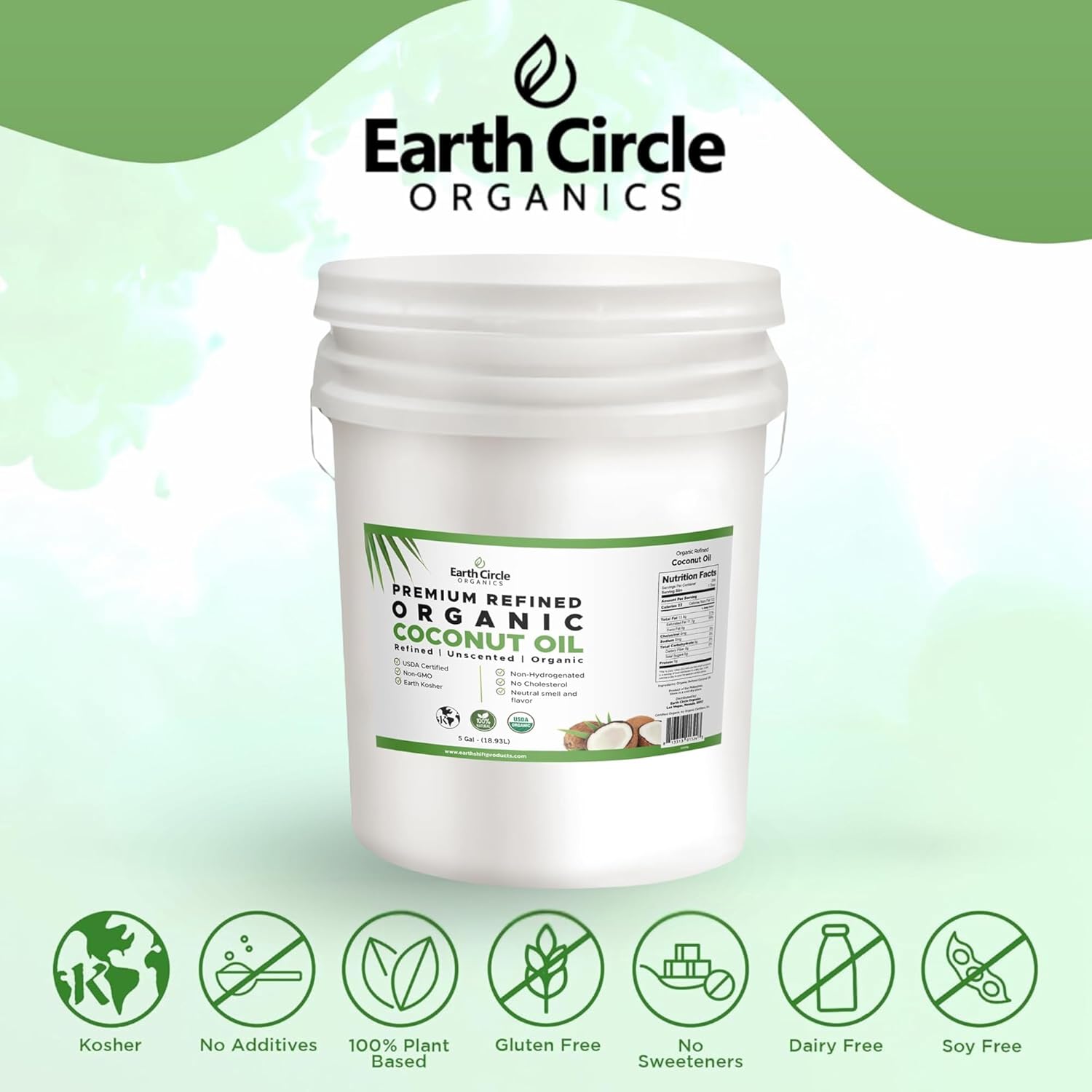 Earth Circle Organics Refined Coconut Oil - Ultra Premium Steam Refined, Keto & Paleo Friendly, Zero Coconut taste or smell - For Skin & Hair Care, Cooking, Deep Frying, Baking & More - Bulk 5 Gallon