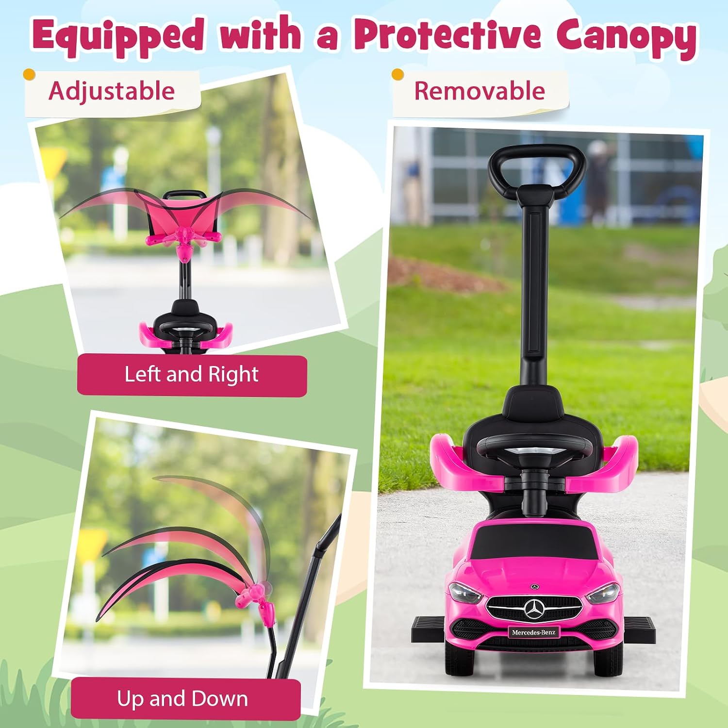 HONEY JOY Ride On Push Car, Licensed Mercedes-Benz Push Cars for Toddlers, Adjustable Canopy & Seat Storage, Horn, Toddler Push Car with Handle, Ride On Toy for Boys Girls(Pink)
