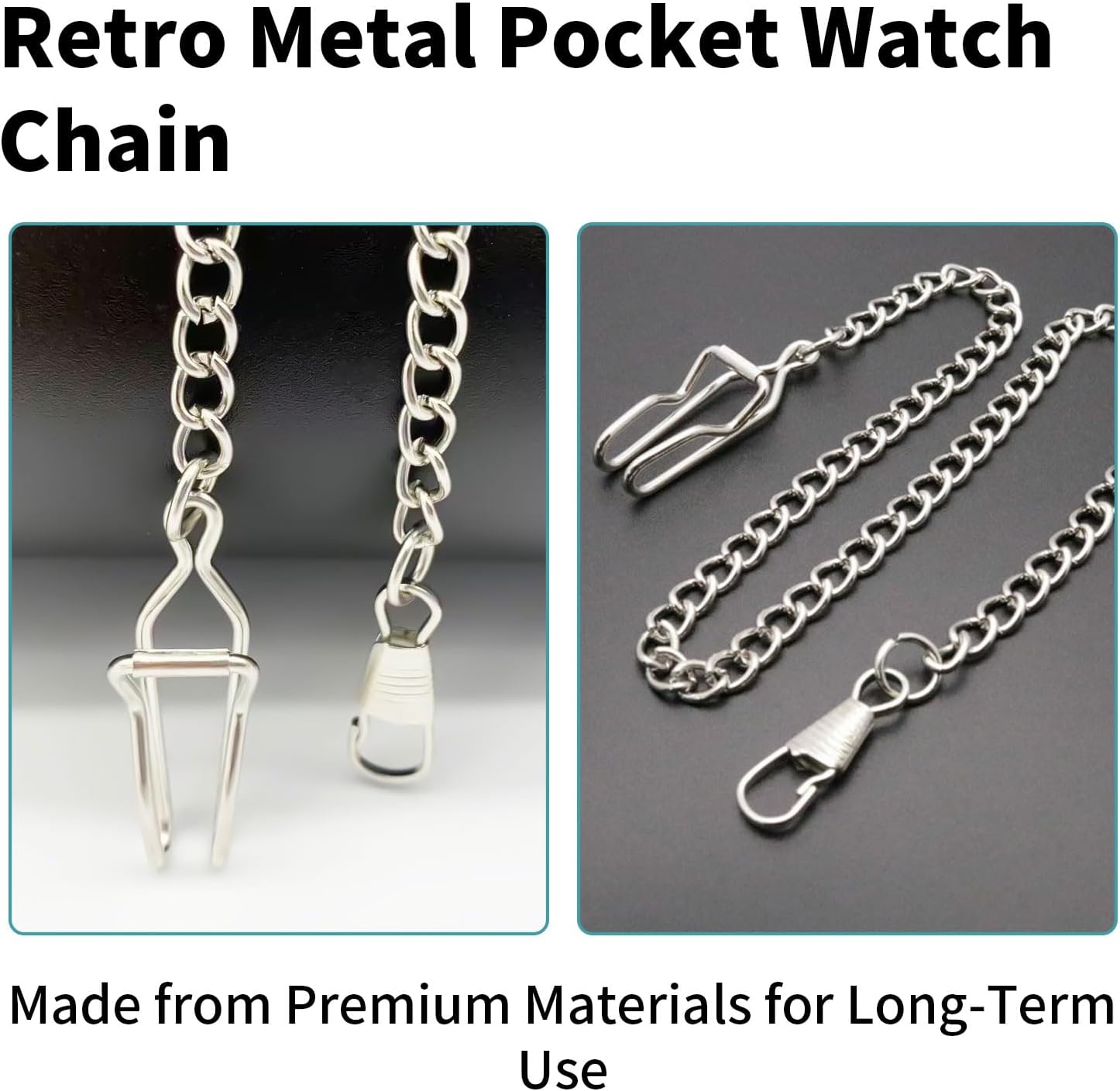 Vintage Pocket Watch Chain, Great Metal Alloy Accessory for Men, Silver Vest Chains, Replacement Clasp Fob Pendant