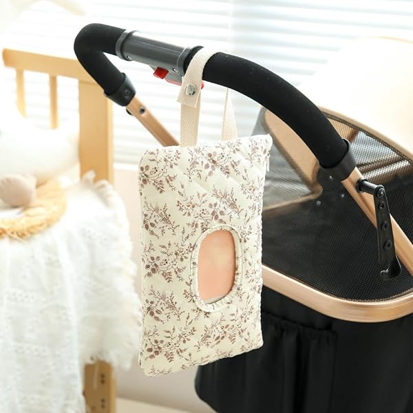 Feuchttücher Box, Praktische Feuchttücher Tasche, Tragbarer Feuchttuchspender für Auto & Baby, Weiche Stepptasche mit Tragegriff für Unterwegs (beige mit blumenmuster) - 2