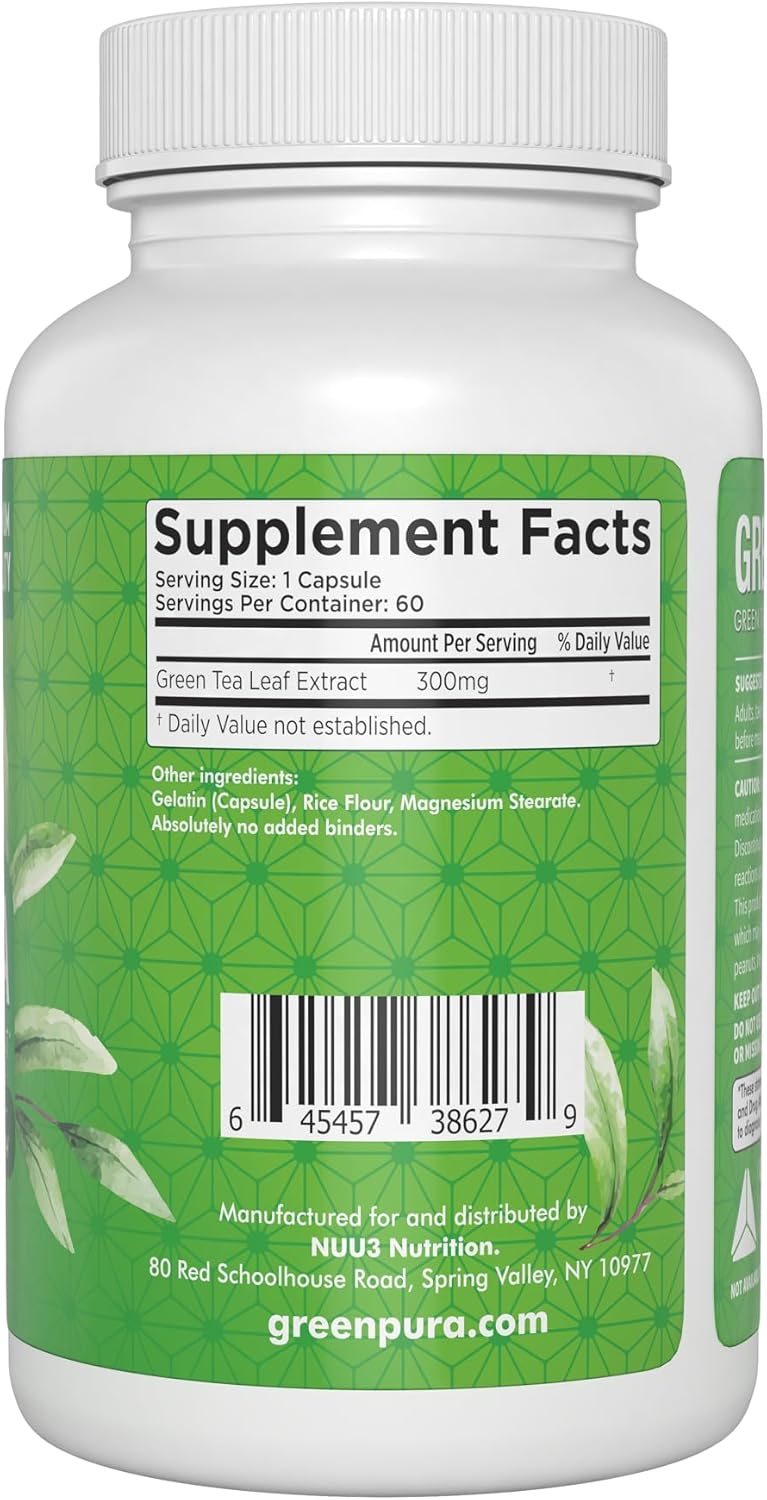 NUU3 Green-Pura - Green Tea Leaf Extract - Gut & Antioxidant Support - for a Thinner Abdomen - Boosts Energy Levels - 60 Capsules (Pack of 1)