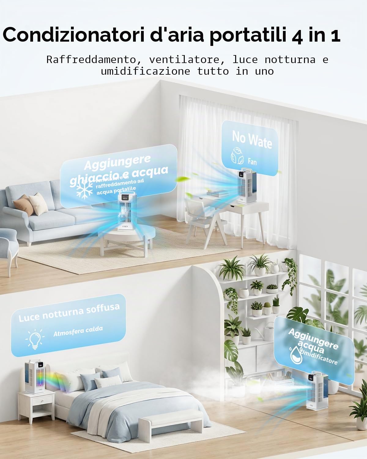 Mini condizionatore portatile: ventilatore raffreddamento ad acqua, serbatoio 2000ml, oscillazione 120°, 4 velocità, LED, timer + telecomando, senza tubo di scarico per casa/ufficio