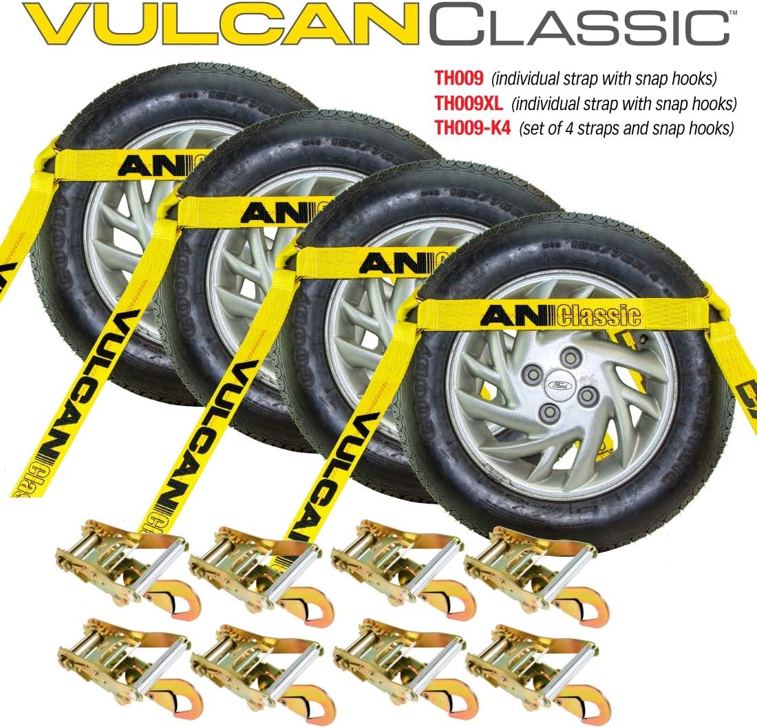 VULCAN Car Tie Down with Snap Hooks - Flat Bed Side Rail - 4 Pack - Classic Yellow - 3,300 Pound Safe Working Load