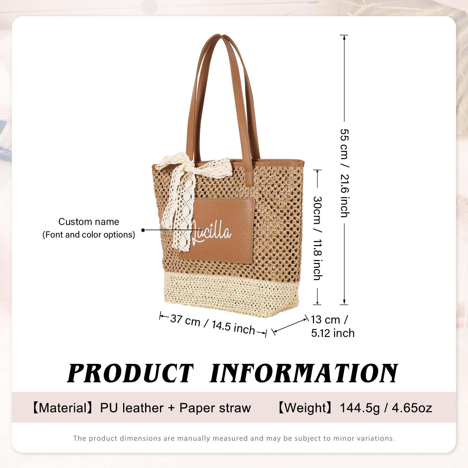 Jeweidea Bolso de Playa Personalizado para Mujer con Nombre Bolso Rafia Mujer Verano Tote Bohemio para Playa/Viajes/Piscina