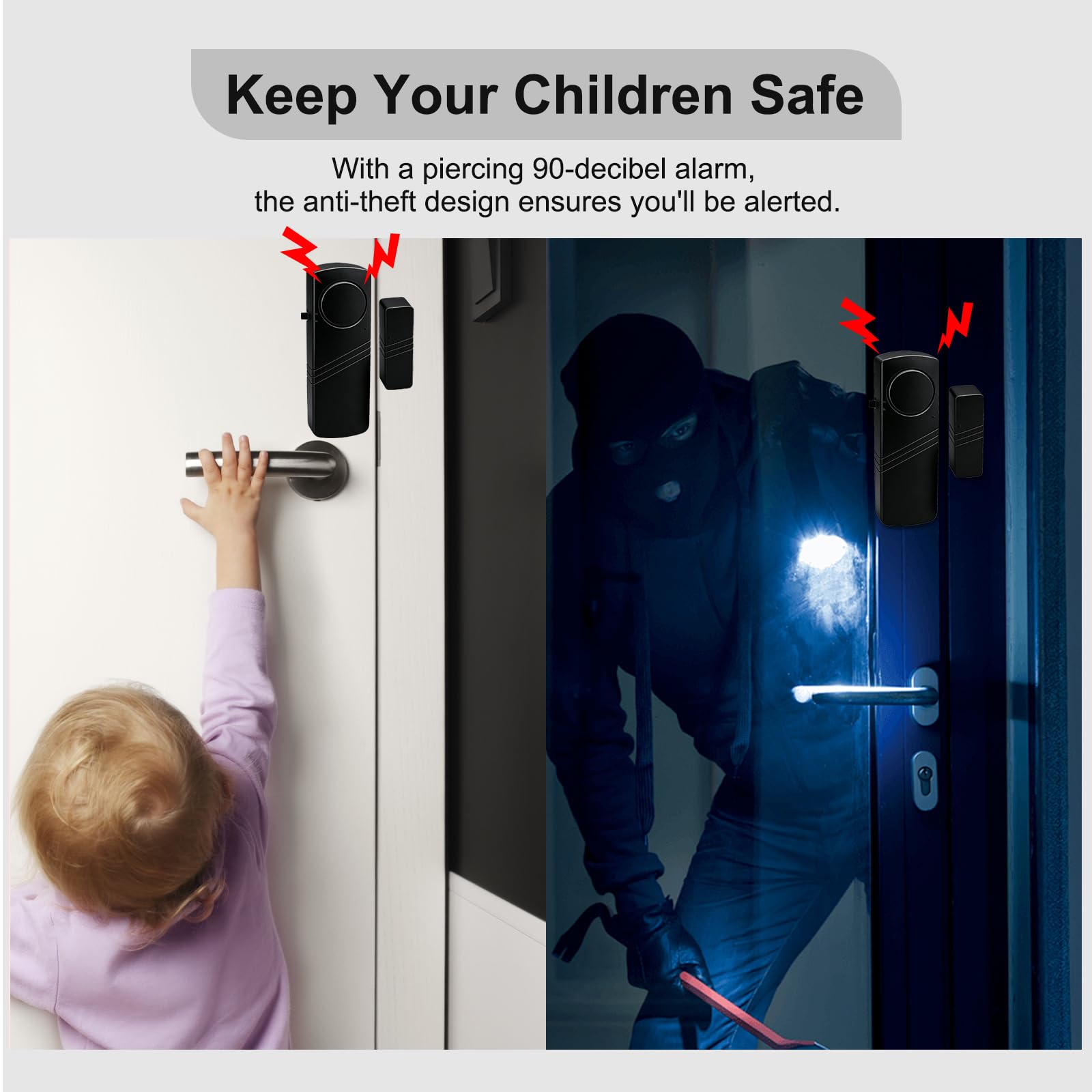 Alarma de puerta y ventana, sensor de seguridad para el hogar de 90 dB para seguridad de los niños, alerta de robo para casa, apartamento, oficina, hotel y ventana de piscina, color negro (paquete de